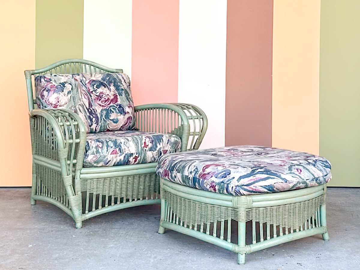 Seafoam Green Ficks Reed Rattan Lounge Chair and Ottoman