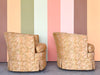 Pair of Golden Brocade Barrel Chairs on Castors