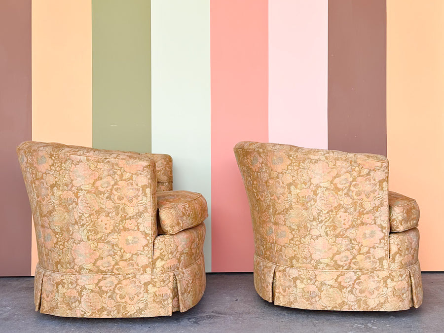 Pair of Golden Brocade Barrel Chairs on Castors