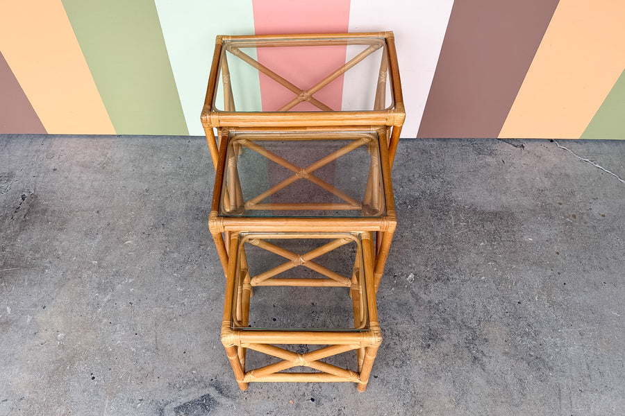 Trio of Chippendale Rattan Nesting Tables