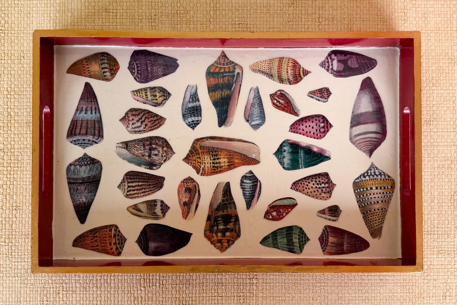 Red Lacquer Decoupage Shell Tray