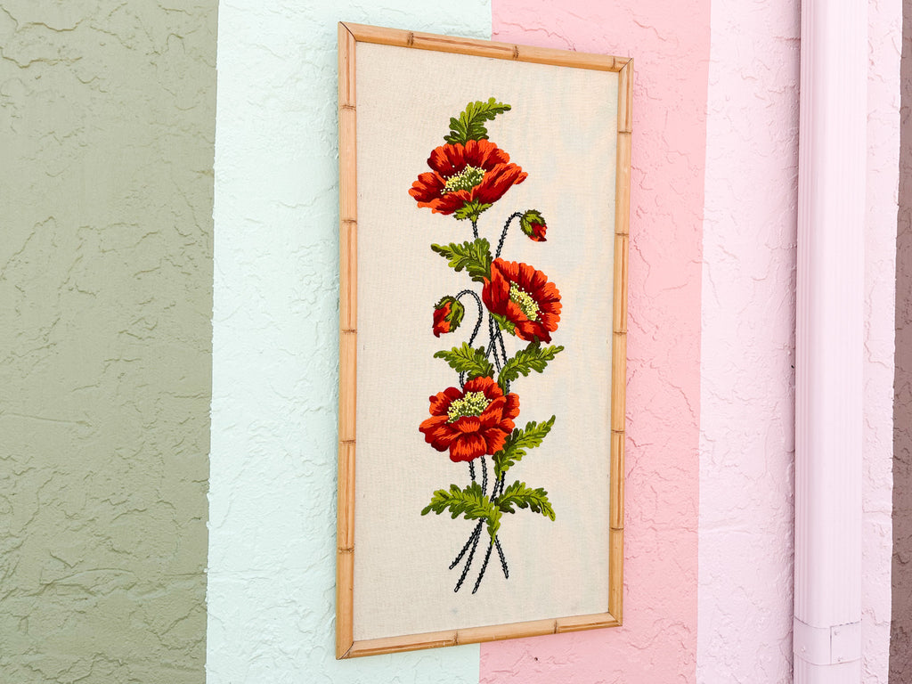 Crewel Poppies in Faux Bamboo Frame