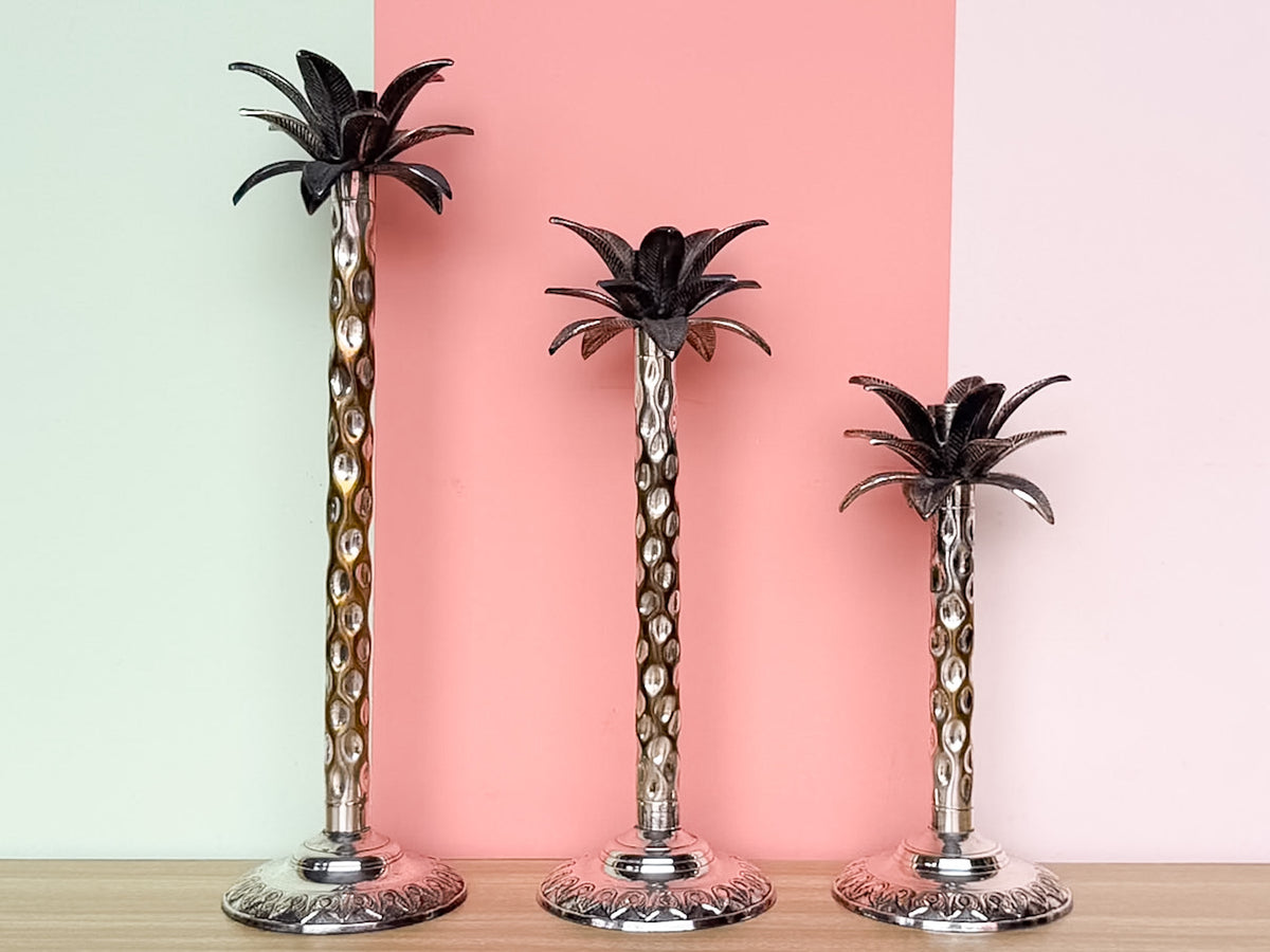 Set of Three Silver Palm Tree Candle Holders