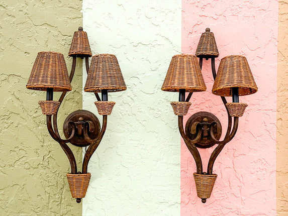 Pair of Iron and Rattan Sconces