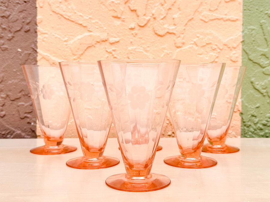 Set of Six Etched Pink Glasses and Ice Bucket