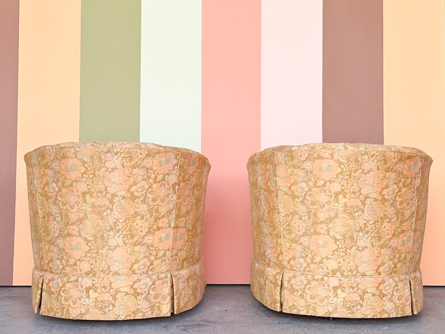 Pair of Golden Brocade Barrel Chairs on Castors