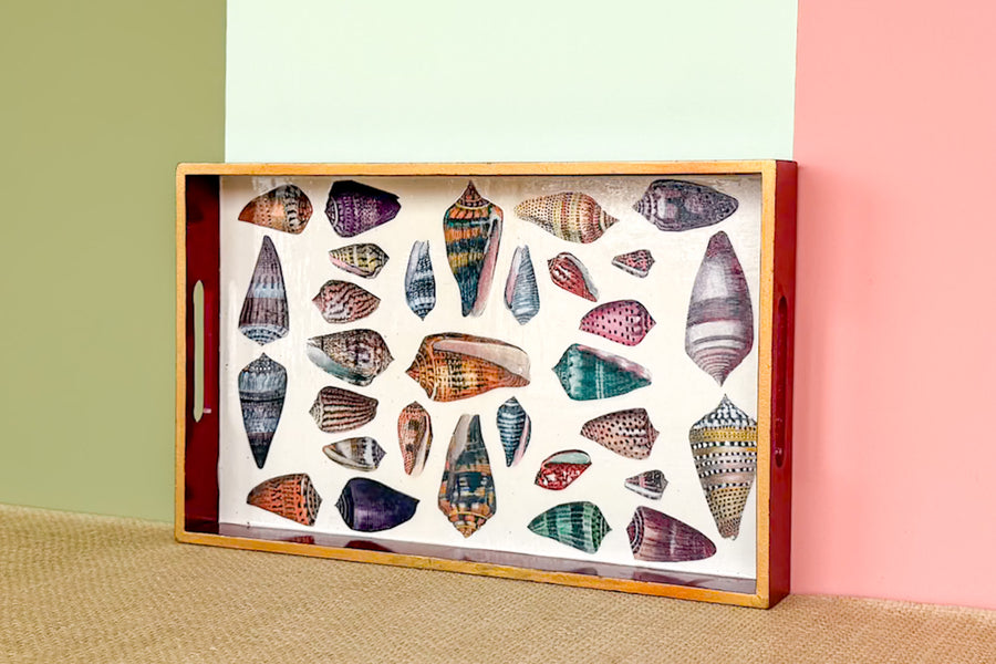 Red Lacquer Decoupage Shell Tray