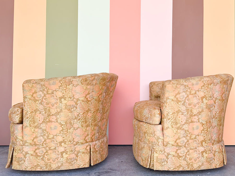 Pair of Golden Brocade Barrel Chairs on Castors