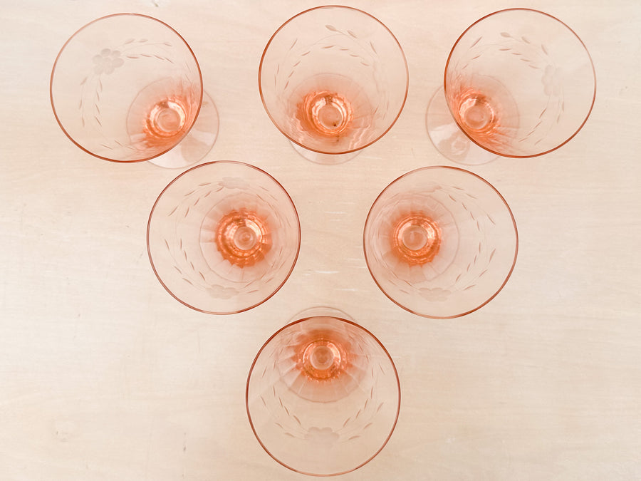 Set of Six Etched Pink Glasses and Ice Bucket