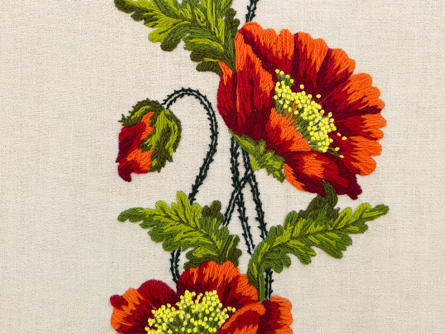 Crewel Poppies in Faux Bamboo Frame