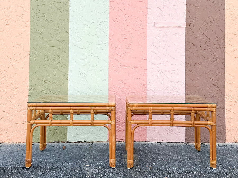 Pair of Coastal Rattan Side Tables