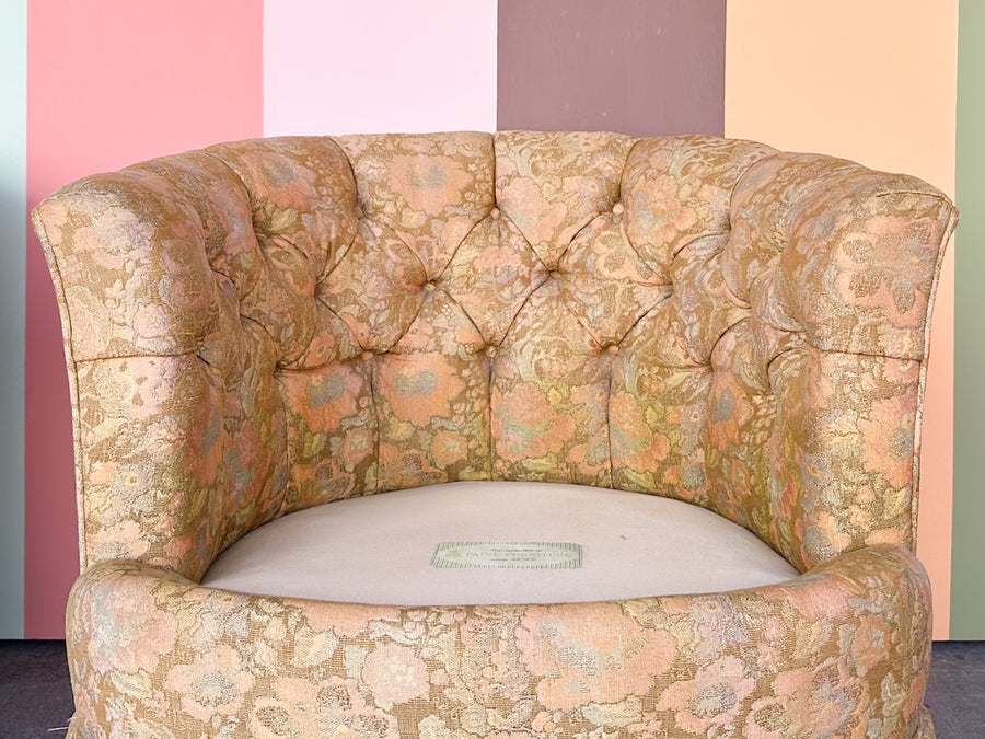 Pair of Golden Brocade Barrel Chairs on Castors