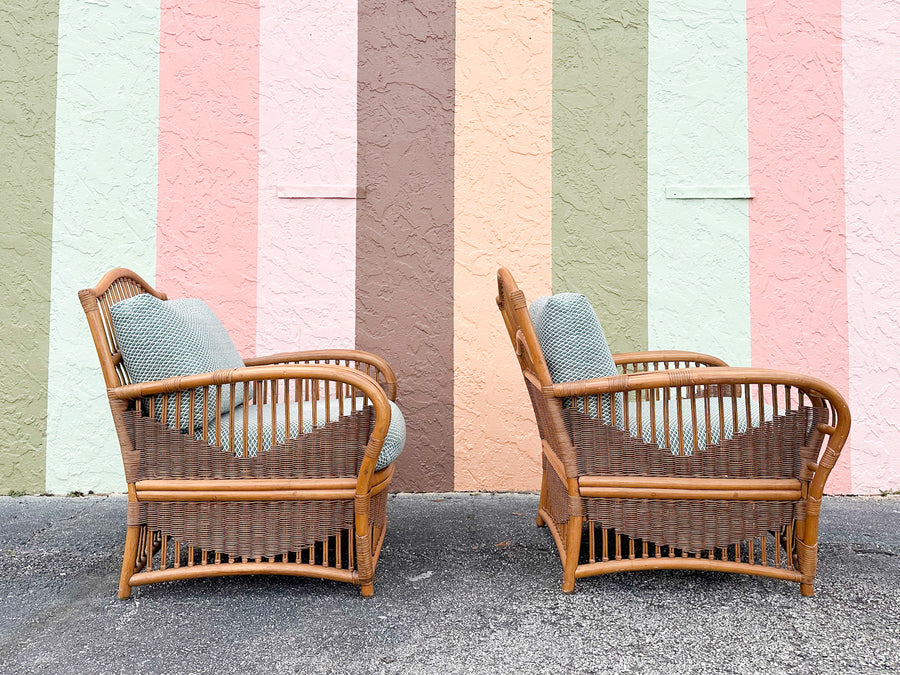 Pair of Coastal Rattan Ficks Reed Lounge Chairs