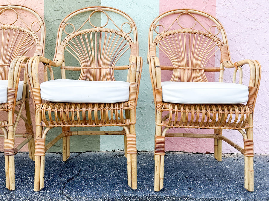 Set of Six Coastal Chic Rattan Arm Chairs