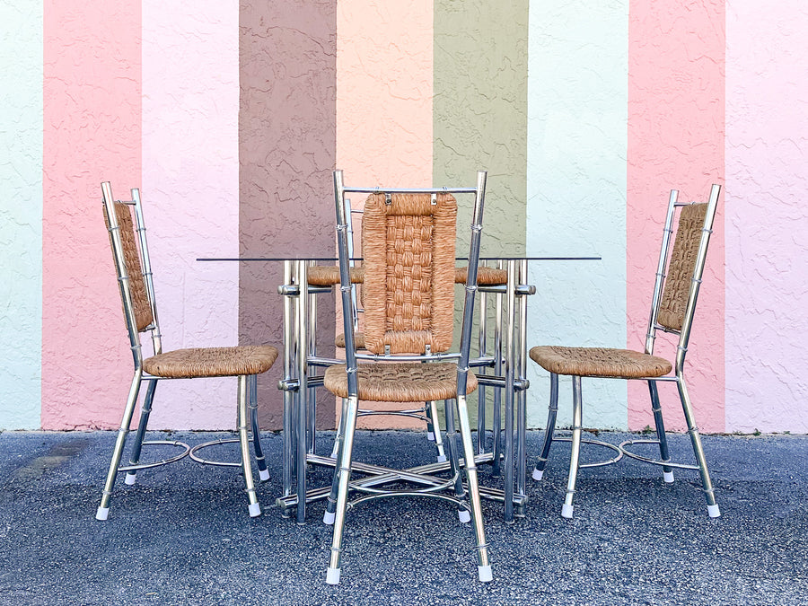 Regency Style Chrome and Rush Faux Bamboo Game Table and Chairs