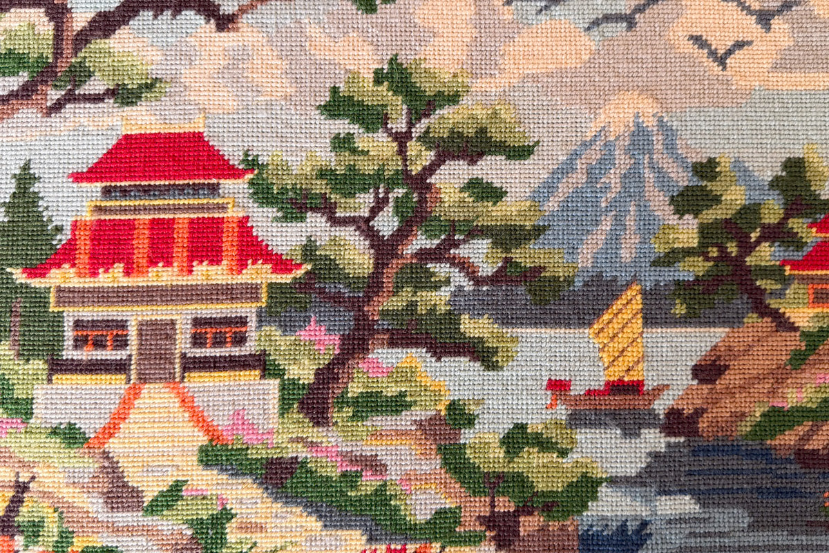 Serene Pagoda Scene Needlepoint Art