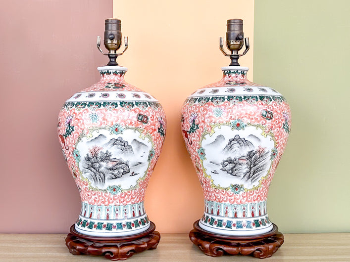 Pair of Coral Chinoiserie Lamps