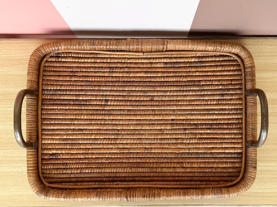 Large Rattan Wrapped Tray with Handles
