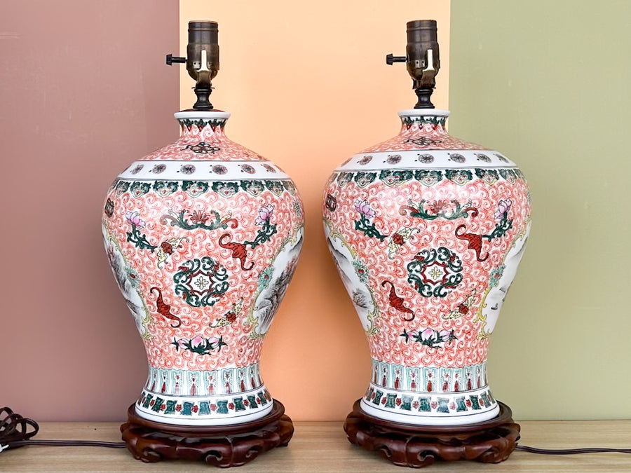 Pair of Coral Chinoiserie Lamps