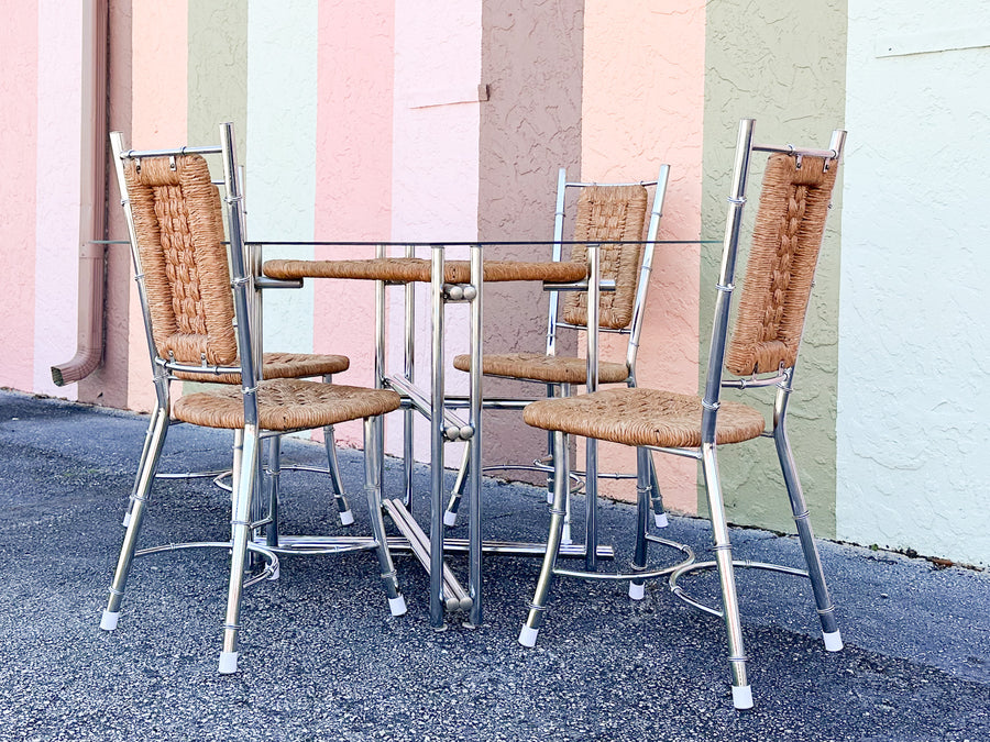 Regency Style Chrome and Rush Faux Bamboo Game Table and Chairs