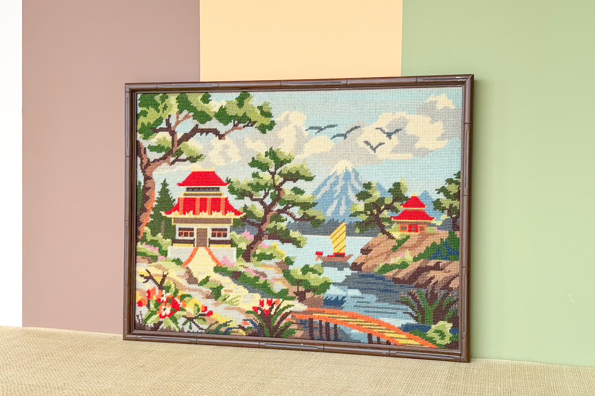 Serene Pagoda Scene Needlepoint Art