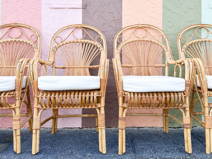Set of Six Coastal Chic Rattan Arm Chairs