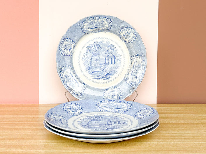 Set of Four Palm Tree and Pagoda Transferware Plates