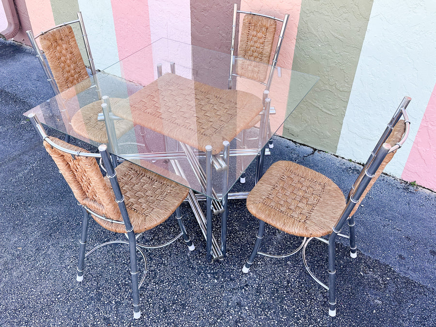 Regency Style Chrome and Rush Faux Bamboo Game Table and Chairs
