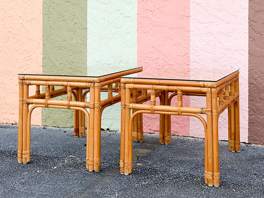 Pair of Coastal Rattan Side Tables