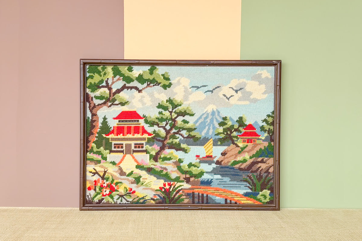 Serene Pagoda Scene Needlepoint Art