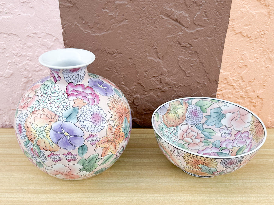 Colorful Floral Vase and Bowl