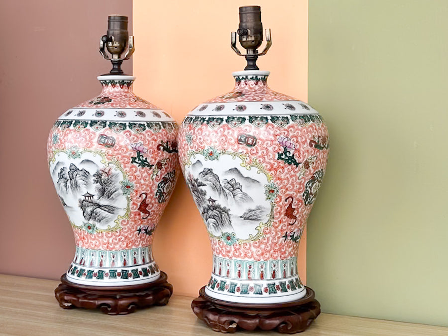 Pair of Coral Chinoiserie Lamps
