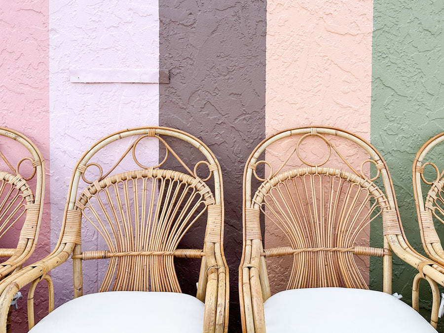 Set of Six Coastal Chic Rattan Arm Chairs