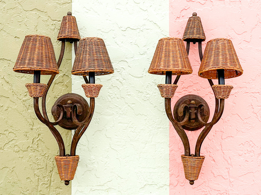 Pair of Iron and Rattan Wall Sconces