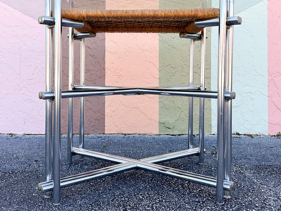 Regency Style Chrome and Rush Faux Bamboo Game Table and Chairs