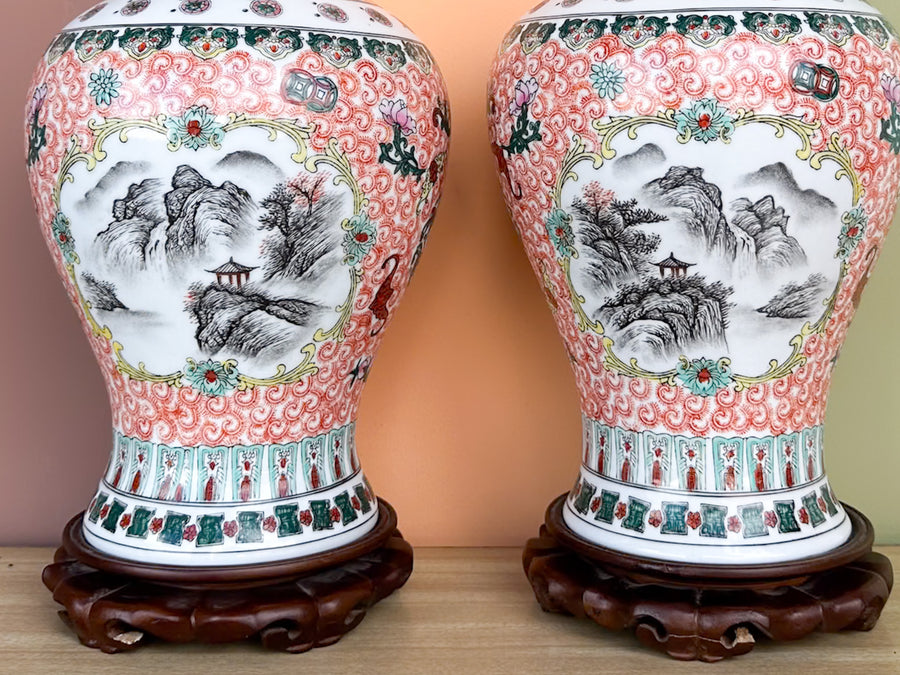 Pair of Coral Chinoiserie Lamps