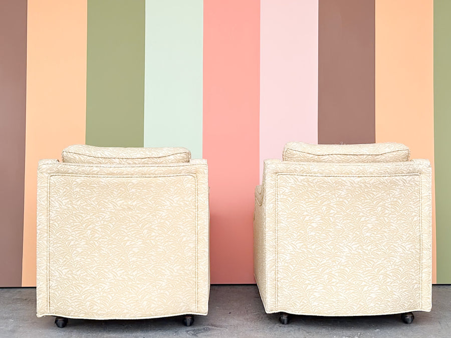 Pair of Butter Yellow Upholstered Chairs on Castors