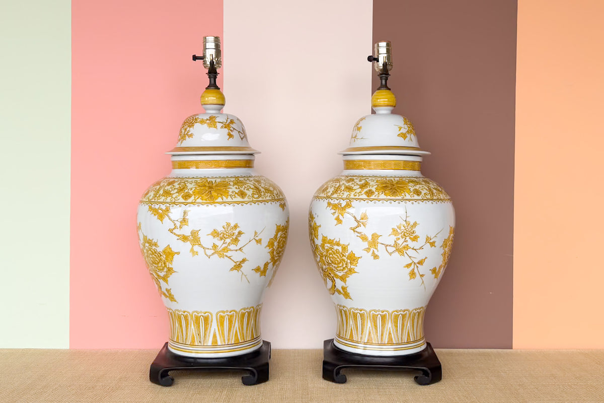 Pair of Yellow and White Ginger Jar Lamps