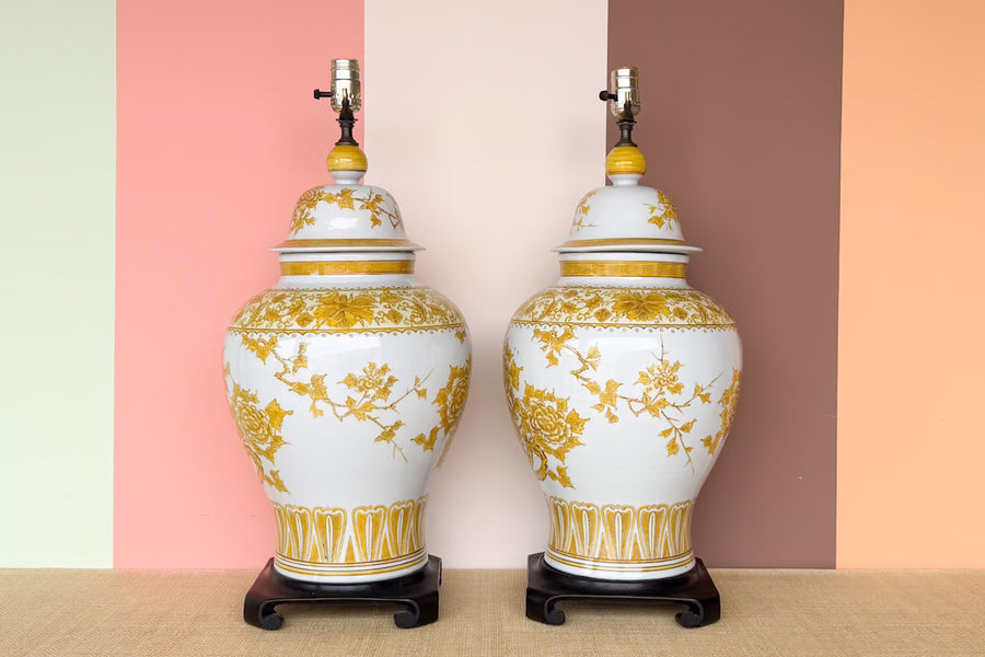 Pair of Yellow and White Ginger Jar Lamps