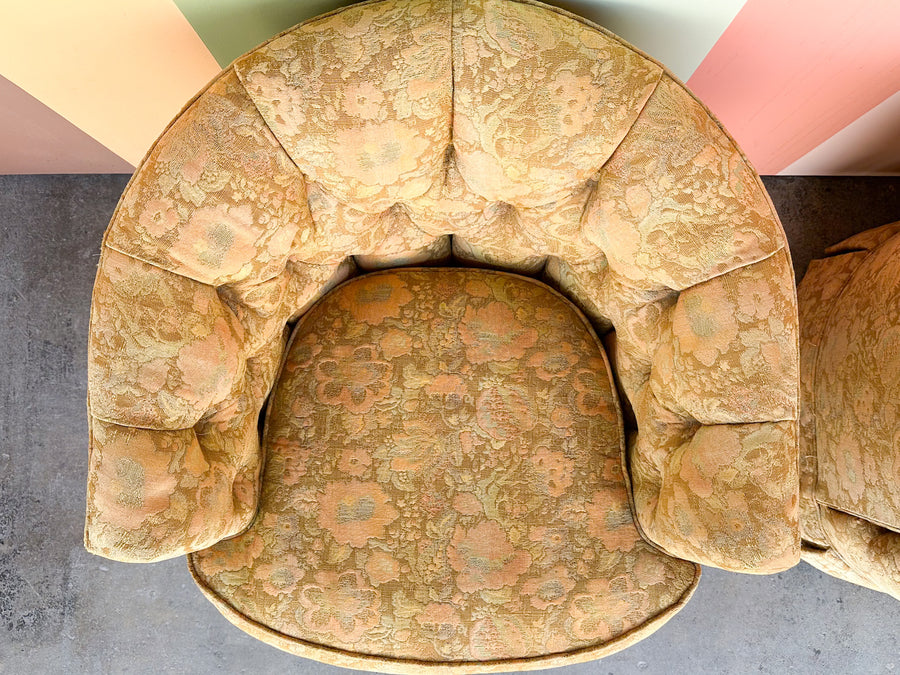 Pair of Golden Brocade Barrel Chairs on Castors