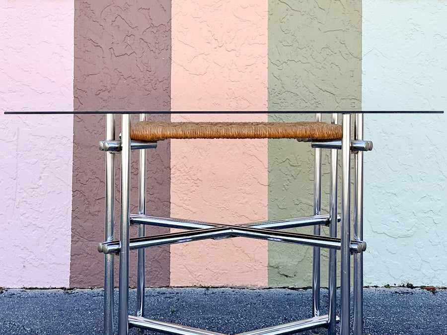 Regency Style Chrome and Rush Faux Bamboo Game Table and Chairs