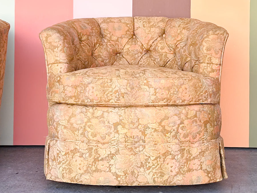 Pair of Golden Brocade Barrel Chairs on Castors