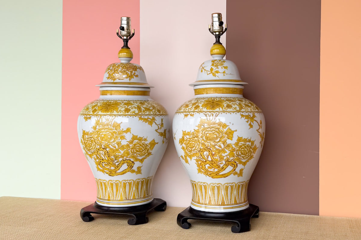 Pair of Yellow and White Ginger Jar Lamps