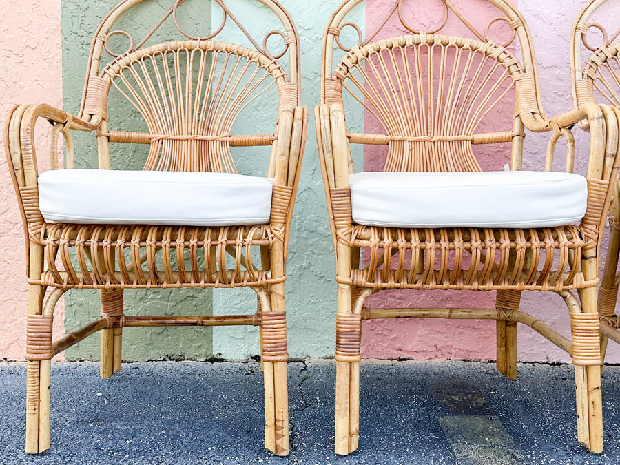 Set of Six Coastal Chic Rattan Arm Chairs