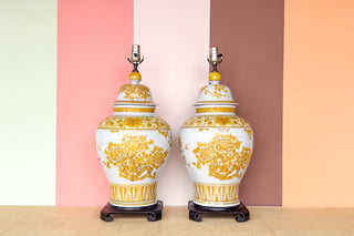 Pair of Yellow and White Ginger Jar Lamps