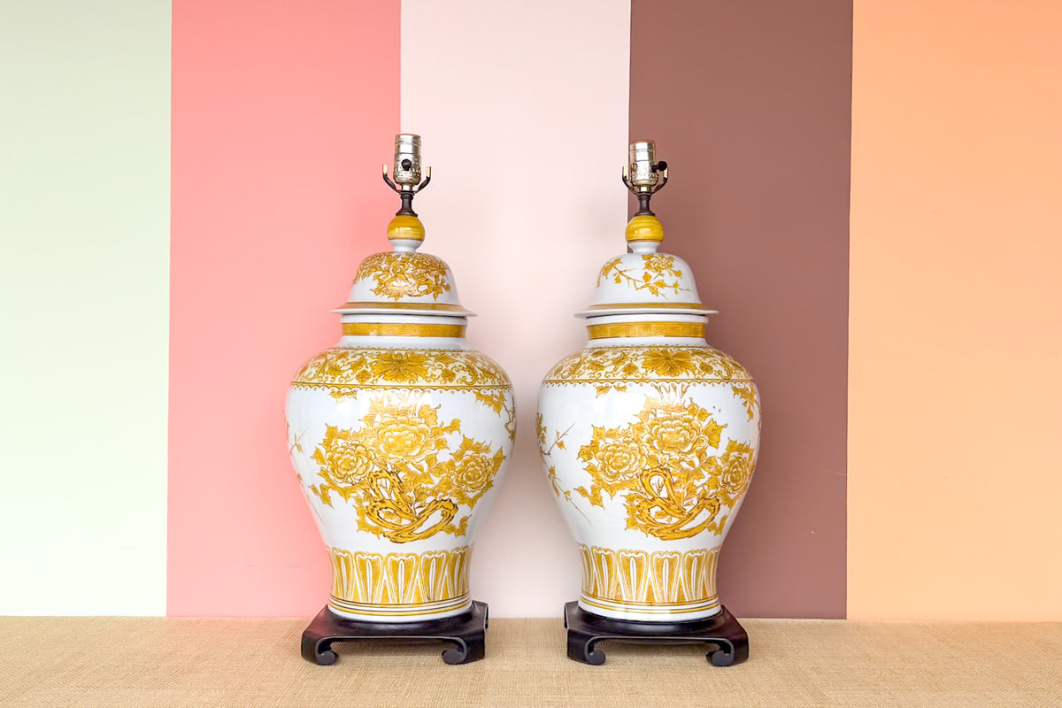 Pair of Yellow and White Ginger Jar Lamps