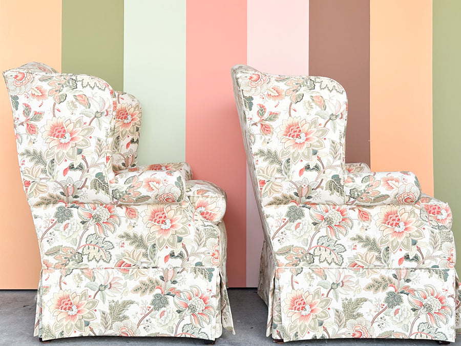 Pair of Floral Chic Upholstered Wingback Chairs