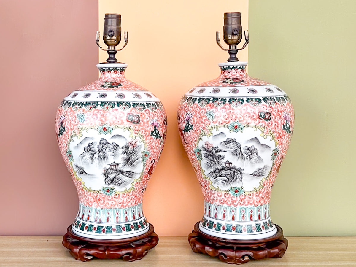 Pair of Coral Chinoiserie Lamps