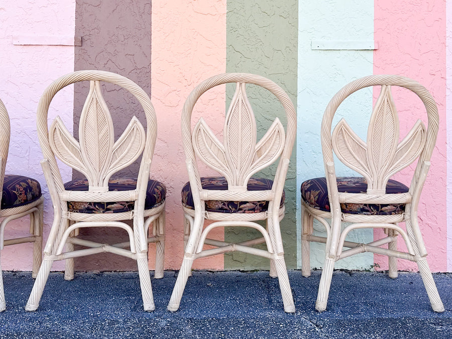 Set of Six Palm Frond Rattan Dining Chairs