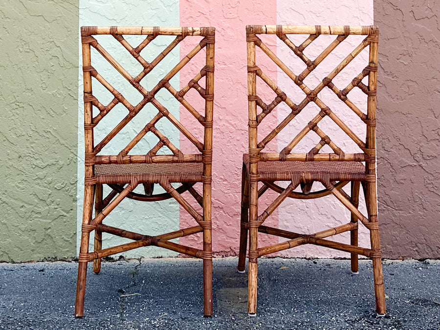 Pair of Tortoiseshell Rattan Chippendale Chairs